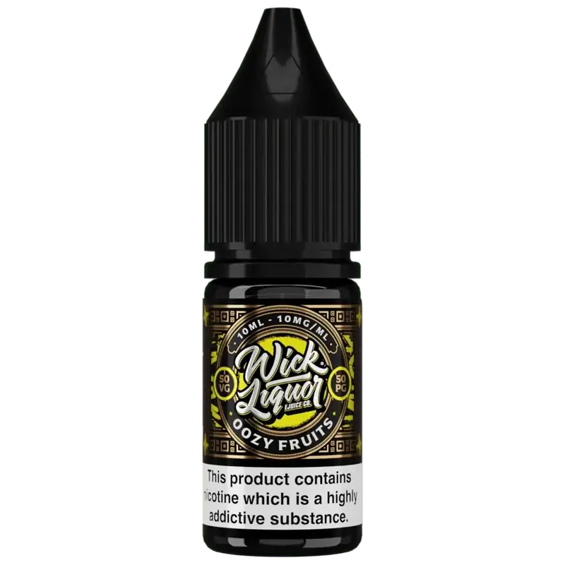 Wick Liquor Origin Oozy Fruits 10ml Nic Salt 10mg — A small black e-liquid bottle with a tall pointed cap has a yellow-and-gold circular label above a white warning panel.