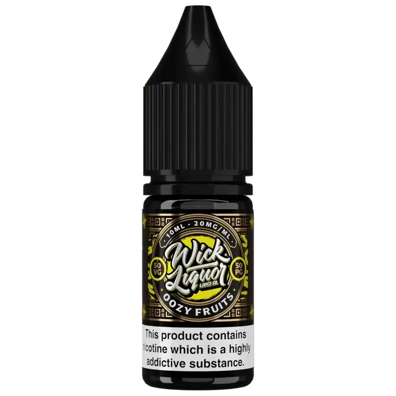 Wick Liquor Origin Oozy Fruits 10ml Nic Salt 20mg — A small black e-liquid bottle with a tall pointed cap has a yellow-and-gold circular label above a white warning panel.